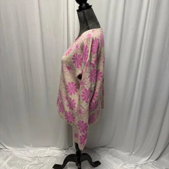 Rachel Zoe Sweater Womens Sz Large Pink Beige Floral Long Sleeve Retro Whimsical - Picture 3 of 7